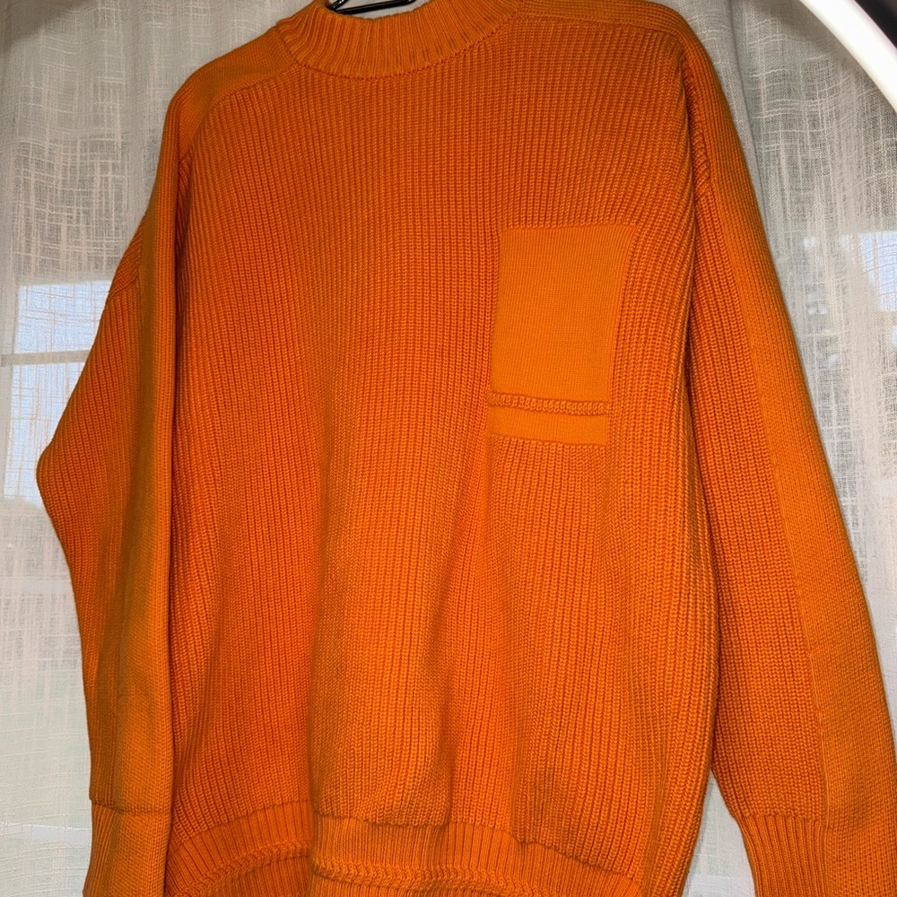 Zara Pumpkin Orange Knit Sweater Cotton Large Crewneck